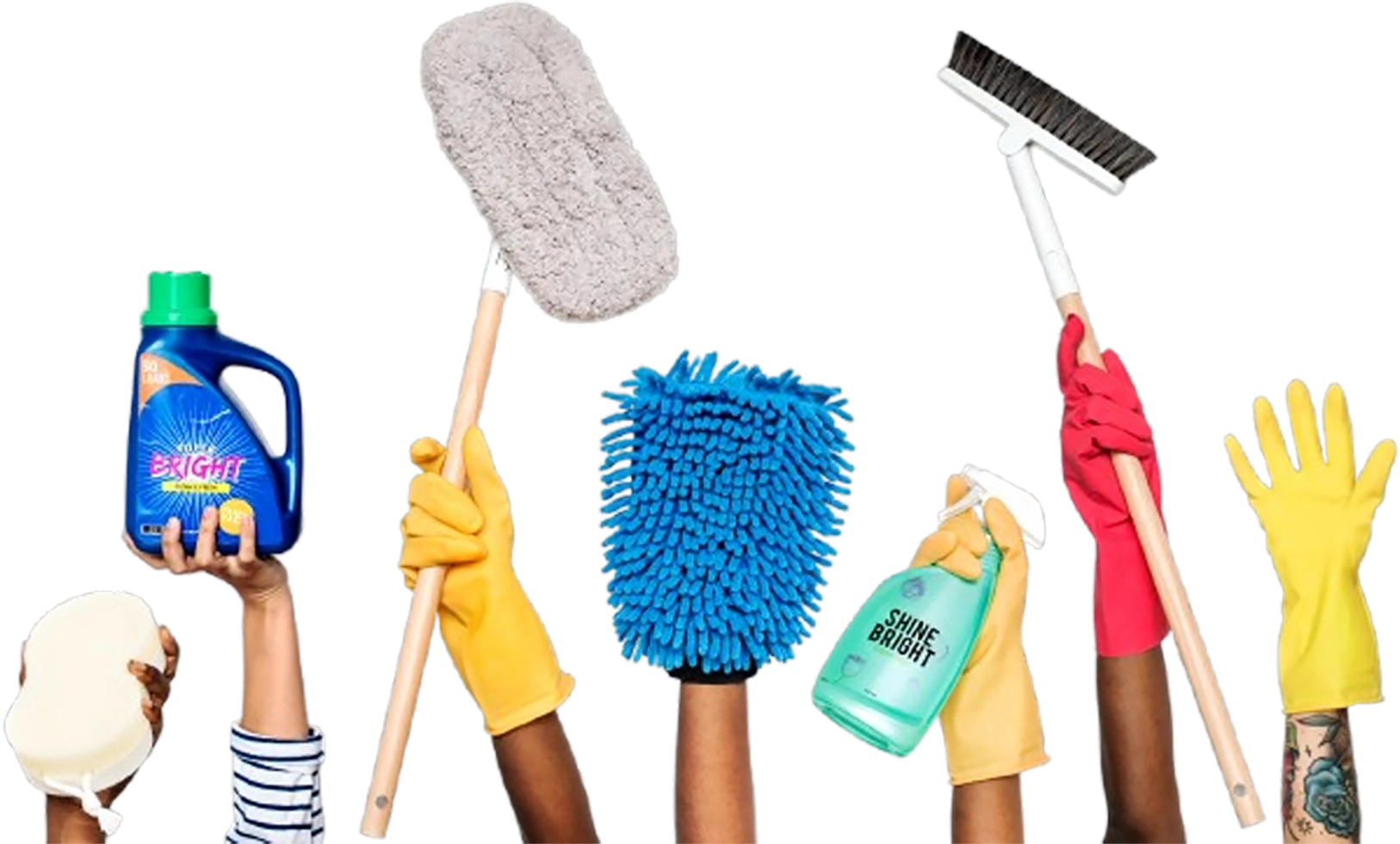 Cleaning team holding sponges, mops, brushes and eco-friendly sprays